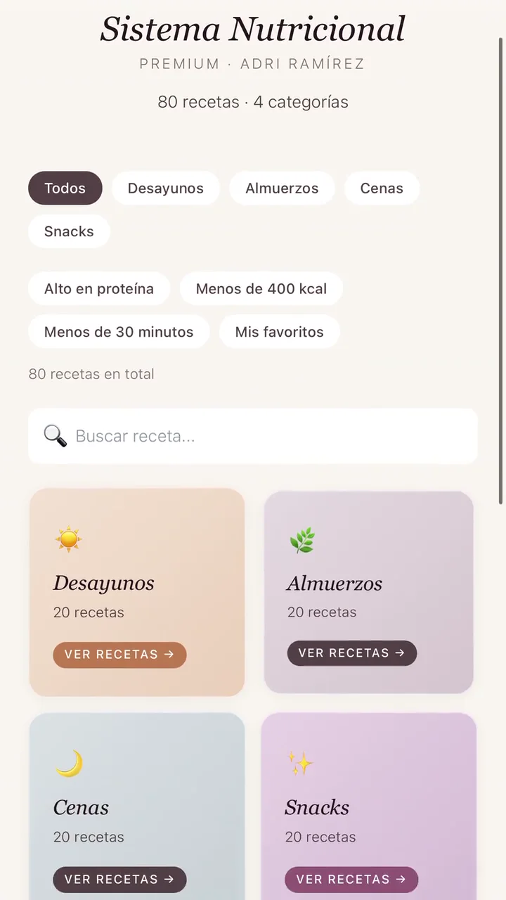 Pantalla real de Nutribook con categorías de recetas